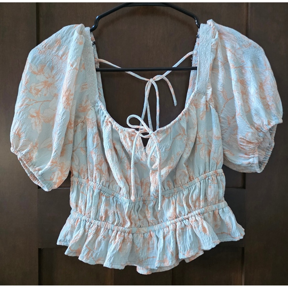 Forever 21 Floral Puff Sleeve Peplum Smocked Crop Blue Peach Small Cottagecore